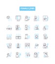 Female jobs vector line icons set. Nurse, Teacher, Engineer, Receptionist, Doctor, Lawyer, Administrator illustration