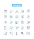 Female jobs vector line icons set. Nurse, Teacher, Engineer, Receptionist, Doctor, Lawyer, Administrator illustration