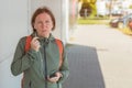 Female jogger talking on mobile phone handsfree Royalty Free Stock Photo