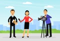 Female Journalist Conducting Interview on Television Broadcast Reporting News and Information Vector Illustration Royalty Free Stock Photo