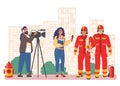 Journalist, cameraman shooting interview with two firefighters, flat vector illustration. Live reportage, breaking news.