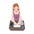 Female Journalist Sitting at Desk Writing Article or Essay on Laptop Vector Illustration