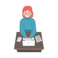 Female Journalist Sitting at Desk Writing Article or Essay on Laptop Vector Illustration