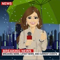 Female journalist working in rainy weather in front of night city