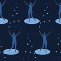 Female juggler figure throwing balls into air. Seamless pattern background. Concept of joy, balancing act, juggling life