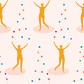 Female juggler figure throwing rainbow color balls into air. Seamless pattern background. Concept of joy, balancing act,