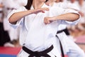 Female karate practitioner body position during training. Martial arts.