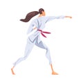 Female Karate Fighter Character in White Kimono Doing Karate Japan Martial Art Cartoon Style Vector Illustration