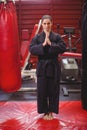 Female karate player performing karate stance Royalty Free Stock Photo