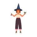 Female kid wizard holding beaker and herbs for preparing magic potion vector flat illustration. Cute girl in witch hat