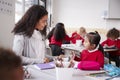 Female kindergarten teacher sitting at table in a classroom talking to a young Chinese schoolgirl, close up Royalty Free Stock Photo