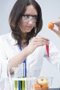 Female Laboratory Assistant With Different Test Flasks Conducting Experiment in laboratory With Fruit Specimens