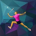 Female lady badminton player jumping for shuttlecock