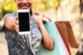 Female Lady Shopping Concept with digital technology. Selective focus on blank black screen for copy space Royalty Free Stock Photo