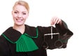 Female lawyer attorney in classic polish black green gown and scales