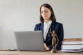 female lawyer conducts an online consultation from a laptop via video link for a client. work in a law firm checking