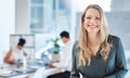 Female leader, manager or CEO with a smile, mission and vision in the office and her team in the background. Leadership Royalty Free Stock Photo