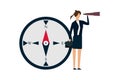 Female leadership, smart businesswoman standing with big compass look through telescope
