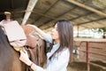 Female Learning Proper Position Of Saddle On Horse