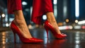 Female legs in beautiful red patent leather stilettos at night city walking design Royalty Free Stock Photo