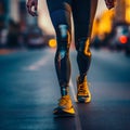 Female legs with bionic prosthesis walking down the street. Generative AI