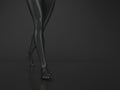 Female legs in black glossy color on a black background. Slender bare feet are walking. Monochrome illustration. Black mannequin