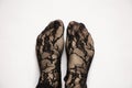female legs in black lace nylon socks on a white background, legs in socks, nylon socks Royalty Free Stock Photo