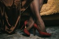 Female legs in black stockings and red high-heeled shoes Royalty Free Stock Photo