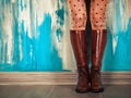 Female legs in brown leather boots near the wall Royalty Free Stock Photo