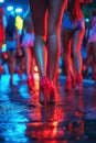 female legs of a crowd prostitute in miniskirts and high heels at night on street Royalty Free Stock Photo