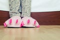 Female legs in cute pink monster foot slippers