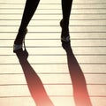 Female legs in golden shoes with high heels and shadow Royalty Free Stock Photo