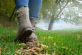 Woman in grey shoes and jeans walking on the autumn forest path Royalty Free Stock Photo