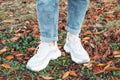 Female legs in jeans and sneakers against background of dry leaves and grass close-up. Royalty Free Stock Photo