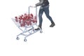 Three dimensional legs in motion with boots moving down the road carrying shopping cart with metal cans to renewable garbage