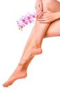 Female legs and pink manicure with orchid flower Royalty Free Stock Photo