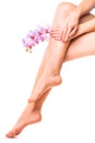 Female legs and pink manicure with orchid flower Royalty Free Stock Photo