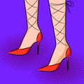 Female legs in red high heels, woman legs in shoes retro pop art vector illustration eps10