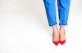 Female legs in red shoes. Royalty Free Stock Photo