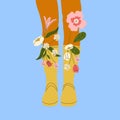 Female legs in the rubber boots. Cool footwear with flowers. High socks .