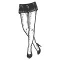 Female legs in a short skirt and shoes. Sketch scratch board imitation.