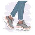 Female legs in sneakers and jeans, sketch, fashion illustration,clothes and shoes, textile print, postcard, packaging