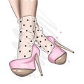 Female legs in stylish shoes with heels and lace socks. Fashion and style, clothing and accessories. Footwear. Vector illustration