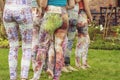 Female legs wearing colorful leggins outdoor