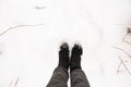 Female legs in winter in the snow in gray pants and boots Royalty Free Stock Photo
