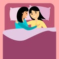 Female lesbian couple sleeping in bedroom. Women hugging while resting in bed. Flat vector illustration. Homosexuality, same sex