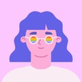 Female in LGBTIQ flag sunglasses. Pride month