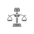 Female libra, gender equality, lady justice grey icon.