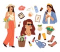 Female life set. Love yourself, girl with eco shopping bag and flowers. Cosmetic icons, floral bouquets, cozy Royalty Free Stock Photo