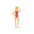 Female lifeguard in a red swimsuit looking into the distance, rescuer professional vector Illustration